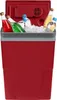 A red cooler box filled with ice and several bottles of beverages. Produktbild-Vorschau