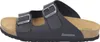 A side view of a black sandal with two adjustable straps and a cork sole. Produktbild-Vorschau