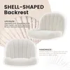 Marketing image showcasing a white shell-shaped backrest chair with descriptive text highlighting its features. Voir les images du produit