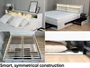 A collage of images showing a modern white bed frame with integrated storage and lighting, highlighting its features and construction. Produktbild-Vorschau