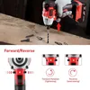 A person is using a TEENO impact driver to drill into a piece of wood, with various drill bits scattered on the surface. Below, diagrams illustrate the forward and reverse functions of the tool. Produktbild-Vorschau