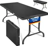 A black folding table is shown in its open and closed state, with a small German flag detail. Produktbild-Vorschau