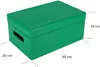 A green storage box with dimensions indicated by measurement lines and text. Produktbild-Vorschau