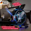 A close-up, dynamic view of a home rowing machine with glowing blue accents and text overlays highlighting features. Produktbild-Vorschau