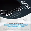 A close-up of a black toilet seat with chrome hinges, showing mounting hardware and text overlays. Náhled obrázku produktu