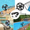 A collage of images showing pool cover reels and accessories in different settings. Produktbild-Vorschau