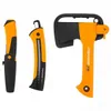 A set of Fiskars tools including an axe, a knife, and a saw, displayed against a white background. Produktbild-Vorschau