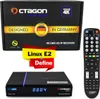A product shot showing the packaging, the satellite receiver, and its remote control, with promotional text overlays. Produktbild-Vorschau