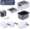 A collection of accessories and parts for a deep fryer, including baskets, a lid, and a heating element. Produktbild-Vorschau