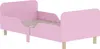 A pink children's bed with a wooden slatted base and wooden legs, shown from a side-angle against a white background. Podgląd zdjęcia produktu