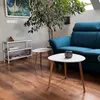 A living room scene with a blue sofa, two white and wood coffee tables, a plant, and a shelf with books and decor. Produktbild-Vorschau