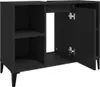 A black wooden cabinet with two open doors and shelves. Anteprima dell’immagine prodotto