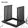 A black steel rack for holding items, shown against a cracked white and gray background. Voir les images du produit
