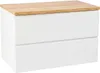 A white bathroom cabinet with a wooden top and two drawers, shown from the front. Produktbild-Vorschau