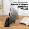 A black adjustable book holder is shown on a wooden desk next to an open book. The book holder is depicted in multiple positions to illustrate its adjustability. Podgląd zdjęcia produktu