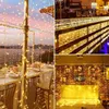 A collage of images showing string lights used for decoration in various settings, including an outdoor dining area, a balcony or railing, and a bedroom wall. Voir les images du produit