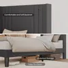 A split image showing the headboard of a bed and the bed frame with bedding and underbed storage. Produktbild-Vorschau