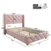 A pink upholstered bed frame with dimensions indicated by measurement lines and text. Produktbild-Vorschau