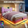 A pink upholstered bed frame with integrated LED lighting and storage shelves in the headboard, shown in a bedroom setting at night. Produktbild-Vorschau