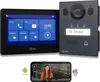 A video intercom system with a monitor, outdoor unit, and a smartphone displaying the app interface. Produktbild-Vorschau