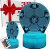 A product shot of two 3D LED lamps shaped like soccer balls, one larger than the other, placed next to a gift box with a red ribbon. A remote control is also visible. The lamps are illuminated with blue light. Voir les images du produit