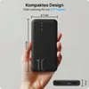A hand holding a black power bank with dimensions and text overlays. Produktbild-Vorschau