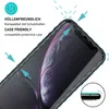 A close-up of a smartphone screen protector being applied to an iPhone, with text and arrows indicating its features. Produktbild-Vorschau