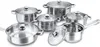 A set of stainless steel pots and pans with glass lids, arranged on a white background. Anteprima dell’immagine prodotto