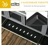 Close-up view of a wooden pet cage with a pull-out tray and arrows indicating cleaning direction, along with a marketing graphic highlighting features. Produktbild-Vorschau