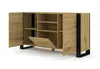A wooden sideboard with black legs, shown with one door open and a small flap door open. Náhled obrázku produktu