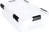 A clear studio shot of a transparent storage box with black clips. Produktbild-Vorschau