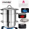 A steam cooker is shown on a gas stove, with accompanying graphics illustrating its compatibility with different cooktops and the brand logo. Náhled obrázku produktu