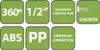 A grid of green squares with white text and icons, highlighting product features. Produktbild-Vorschau