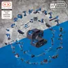 A collage of various power tools and batteries arranged in a circular pattern against a gradient background. Produktbild-Vorschau