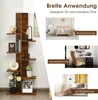 A product image showcasing a brown wooden bookshelf with various decorative items and books on its shelves. The image is divided into sections, with the bookshelf on the left and lifestyle images of the bookshelf in different room settings (living room, of Náhled obrázku produktu