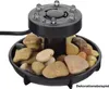 A close-up shot of a solar-powered water pump set with LED lights, partially submerged in decorative stones within a black basin. Produktbild-Vorschau