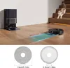 A robot vacuum cleaner is shown cleaning a wooden floor, with a docking station in the background and a cat on the stairs. Below are two circular cleaning pads with dimensions. Produktbild-Vorschau
