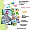 A marketing image for a children's craft kit, showing various animal designs and the product's features. Produktbild-Vorschau
