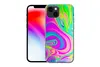 A smartphone with a colorful, psychedelic-patterned case is shown next to a plain smartphone. Produktbild-Vorschau