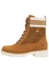 A side view of a brown lace-up boot with a white and beige striped cuff. Produktbild-Vorschau