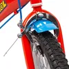 A close-up view of the front brake and wheel of a red children's bicycle. Podgląd zdjęcia produktu