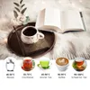 A cozy scene with a book, coffee, and various beverages, illustrating ideal temperatures for different drinks. Produktbild-Vorschau
