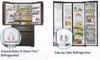 Two different types of refrigerators are shown side-by-side, with close-ups of their water dispensers. Voir les images du produit
