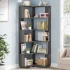 A corner bookshelf filled with books and decorative items, placed in a room with light blue walls and a window. Produktbild-Vorschau