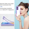 A woman is holding a phone case in front of her face, with a diagram of the phone case and text descriptions on the left side of the image. Produktbild-Vorschau