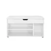 A white shoe cabinet with a bench and storage compartments, presented against a white background. Anteprima dell’immagine prodotto