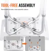 Close-up view of the base of a shower stool, highlighting its tool-free assembly mechanism and adjustable height feature. Podgląd zdjęcia produktu