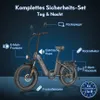 A diagram showing an electric bicycle with various safety features labeled. Produktbild-Vorschau
