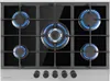 A top-down view of a gas stovetop with five burners, four of which are lit with blue flames. Náhľad obrázku produktu