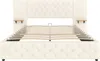 A beige upholstered bed frame with a tufted headboard and two attached nightstands with small wooden shelves. Náhled obrázku produktu